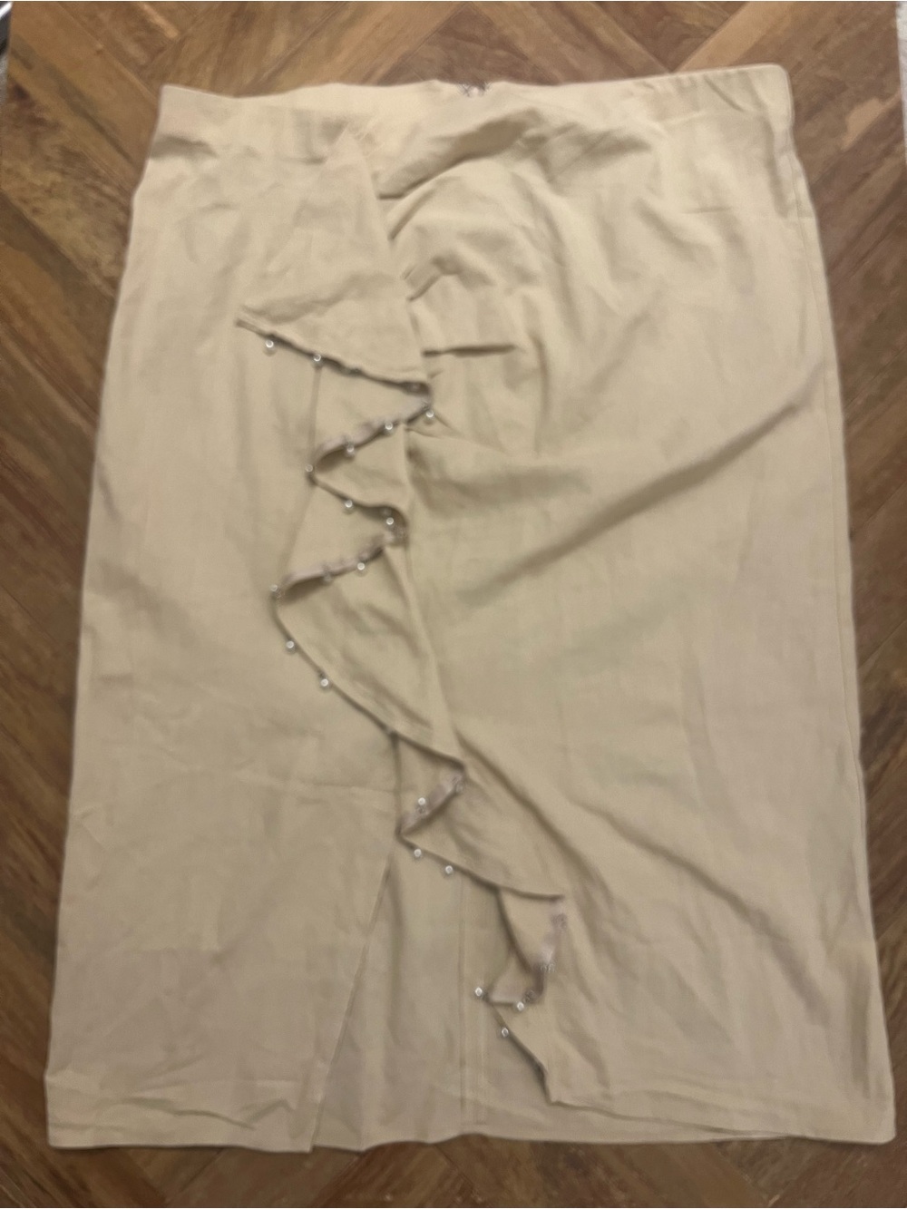 Eloquii Flax Beige Linen Blend Midi Skirt with Ruffle, Front Slit & Pearl Accent